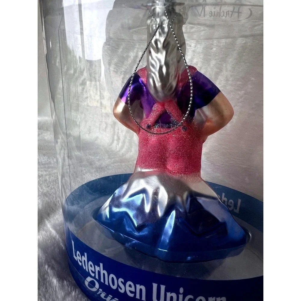 Lederhosen Unicorn Ornament Archie McPhee Pink Purple Glass Glitter Weird‎ Xmas